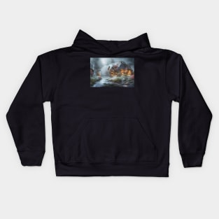 Magical Fantasy House with Lights in a Snowy Scene, Fantasy Cottagecore artwork Kids Hoodie
